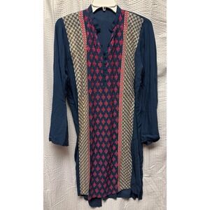 Atika Women's Embroidered Tunic Top Navy Red Ivory Size L